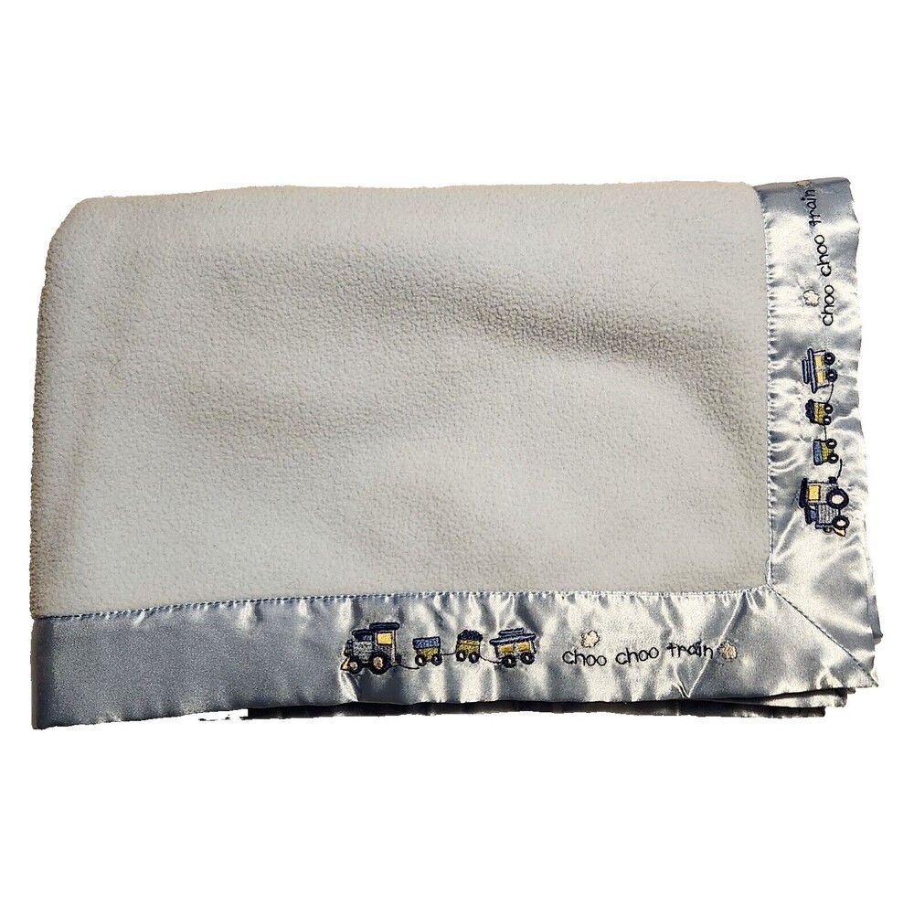 Small Wonders Baby Blanket Blue w/ Satin Trim Choo Choo Train 30" X 40"